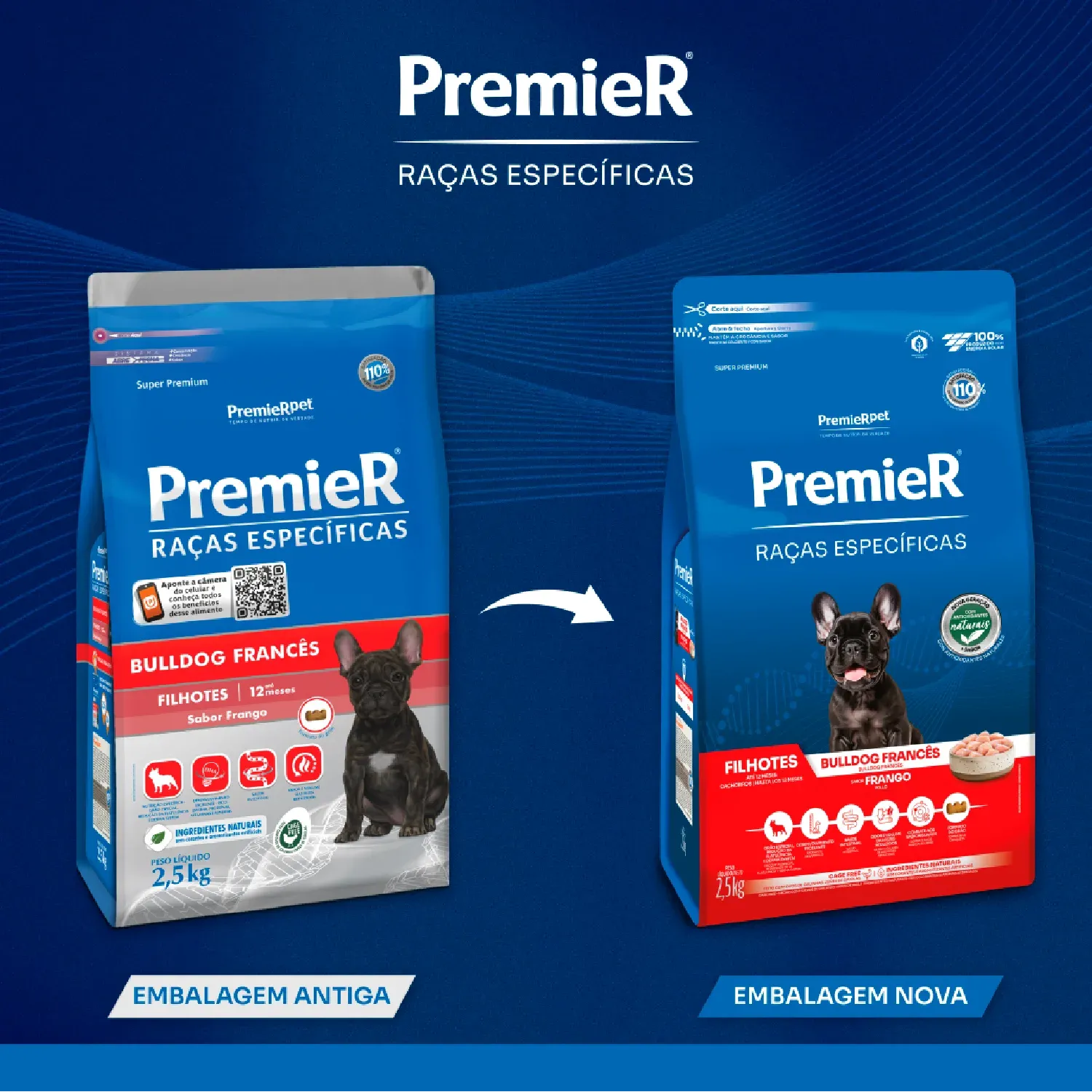 Nova embalagem Racao Premier Racas Especificas Bulldog Frances Filhotes Frango